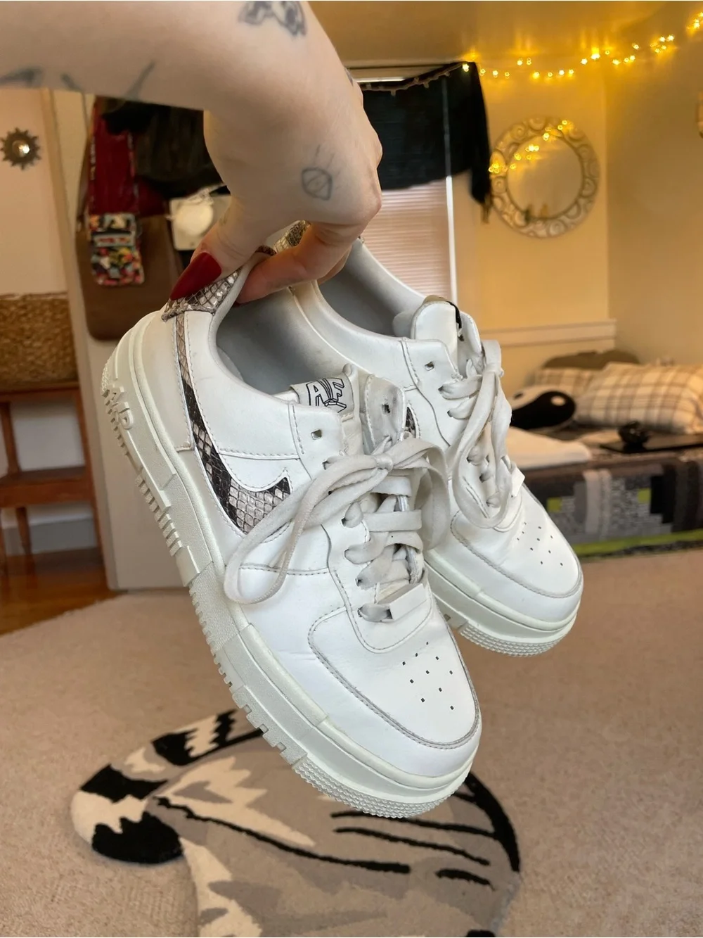 Nike AF1 White Platform Sneakers with Snake-Print Swoosh Everyday Staple Trendy - Picture 2 of 14